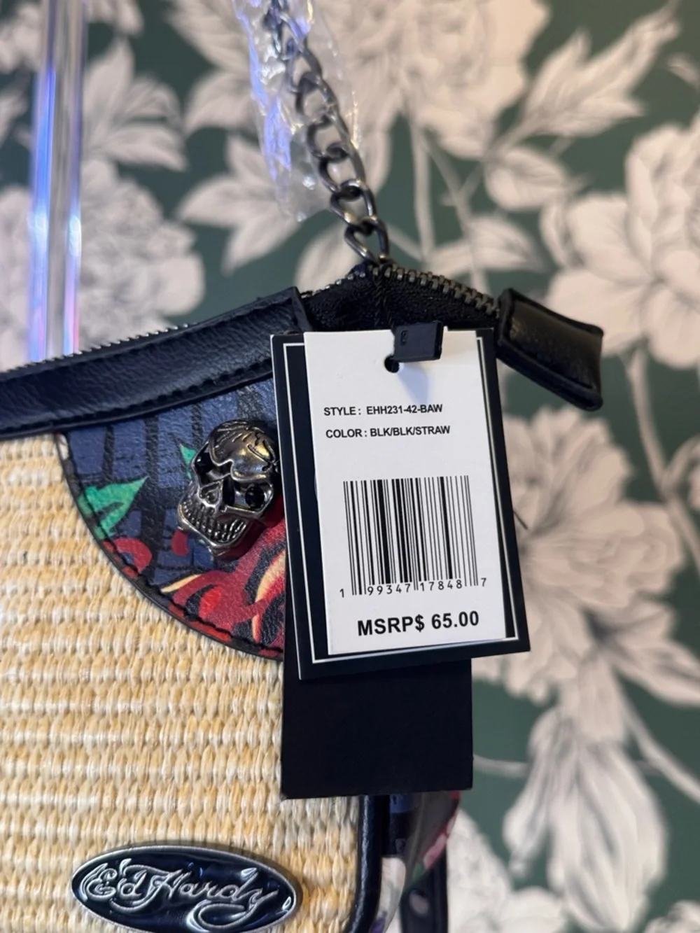 Ed Hardy Nwt Straw Crossbody Bag with Black Trims and Floral Patchwork - Picture 3 of 8